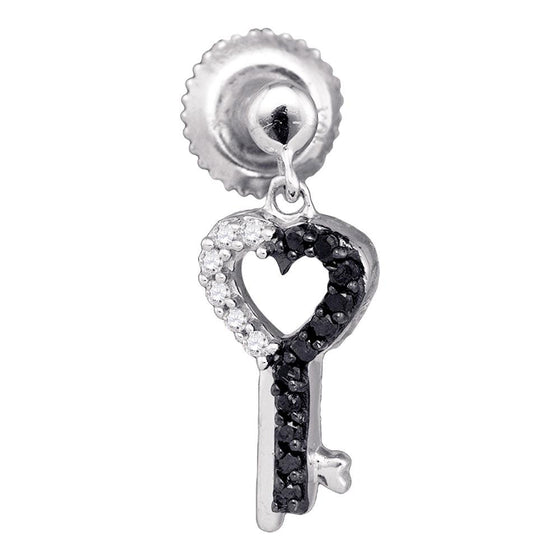10k White Gold Womens Round Black Color Enhanced Diamond Key Heart Dangle Earrings 1/6 Cttw