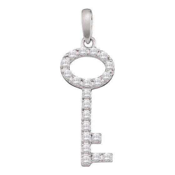 10k White Gold Womens Round Pave-set Diamond Small Key Pendant 1/4 Cttw