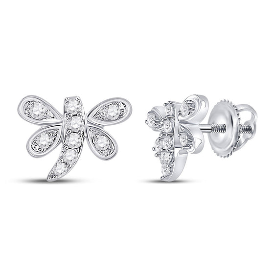 10k White Gold Womens Round Diamond Dragonfly Earrings 1/8 Cttw