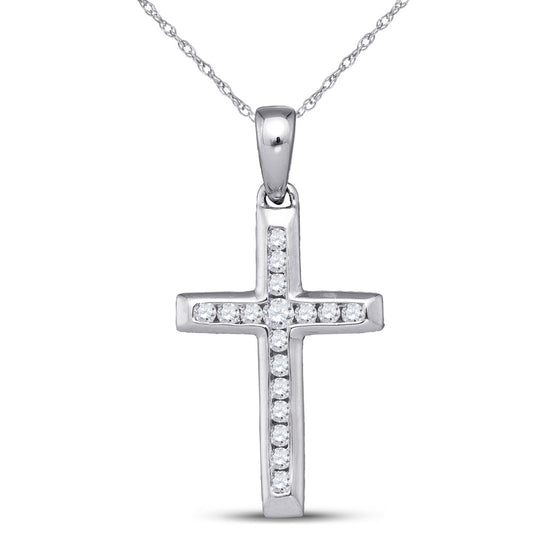 10k White Gold Womens Round Diamond Small Cross Pendant 1/8 Cttw