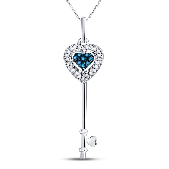 10k White Gold Womens Round Blue Color Enhanced Diamond Key Love Pendant 1/10 Cttw