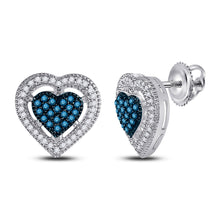  10k White Gold Womens Round Blue Color Enhanced Diamond Heart Earrings 3/8 Cttw