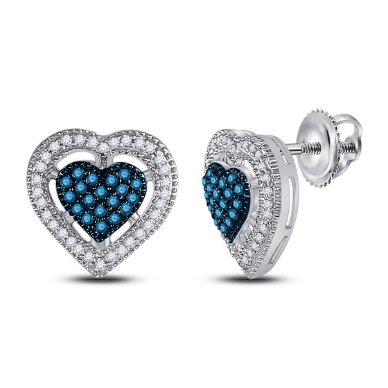 10k White Gold Womens Round Blue Color Enhanced Diamond Heart Earrings 3/8 Cttw