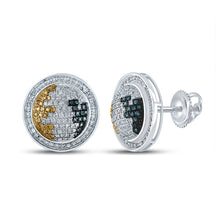  Sterling Silver Round Blue Yellow Color Enhanced Diamond Circle Earrings 3/4 Cttw