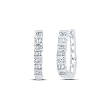  Sterling Silver Womens Baguette Round Diamond Hoop Earrings 1/4 Cttw