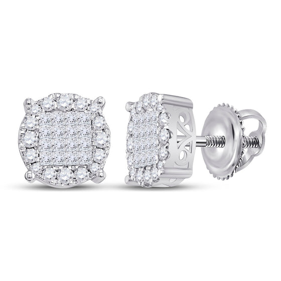 14k White Gold Womens Princess Diamond Fashion Cluster Earrings 1/2 Cttw