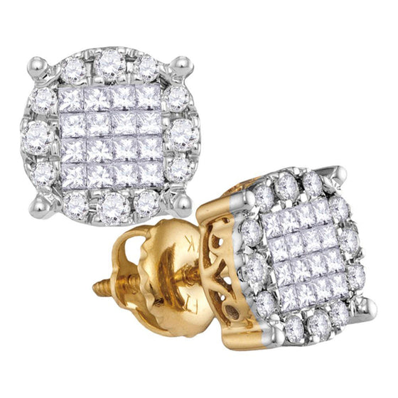 14k Yellow Gold Womens Princess Diamond Cluster Earrings 1/2 Cttw