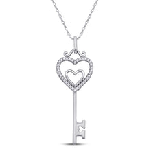  10k White Gold Womens Round Diamond Heart Key Pendant 1/10 Cttw