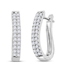  14k White Gold Round Pave-set Diamond 2-row Womens Oblong Hoop Earrings 1 Cttw