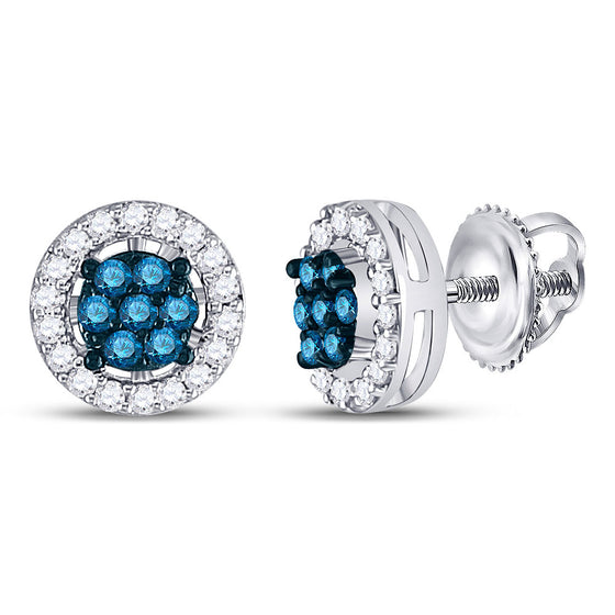 10k White Gold Womens Round Blue Color Enhanced Diamond Cluster Earrings 1/4 Cttw