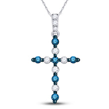 10k White Gold Womens Round Blue Color Enhanced Diamond Cross Pendant 1/4 Cttw