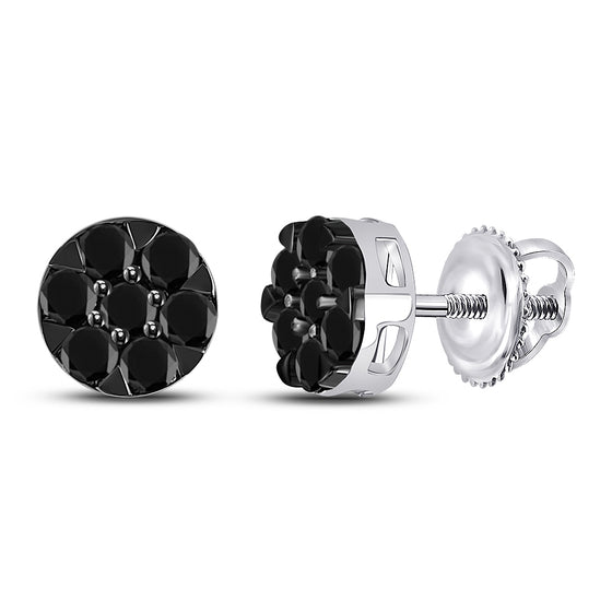 14k White Gold Womens Round Black Color Enhanced Diamond Cluster Earrings 3/8 Cttw