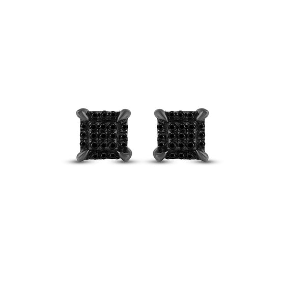 10k White Gold Round Black Color Enhanced Diamond Square Earrings 1/20 Cttw