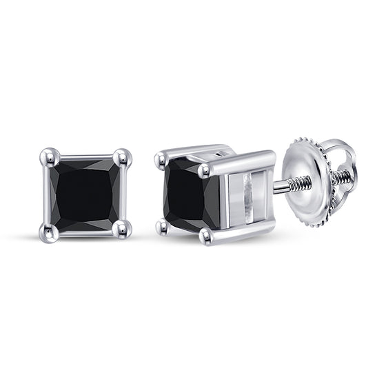10k White Gold Womens Princess Black Color Enhanced Diamond Solitaire Earrings 3/4 Cttw