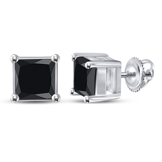 10k White Gold Princess Black Color Enhanced Diamond Stud Earrings 1-1/2 Cttw