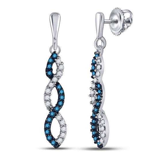 10k White Gold Womens Round Blue Color Enhanced Diamond Dangle Earrings 1/6 Cttw