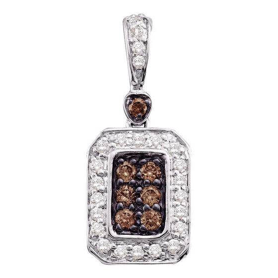 10k White Gold Womens Round Brown Diamond Rectangle Cluster Pendant 1/4 Cttw