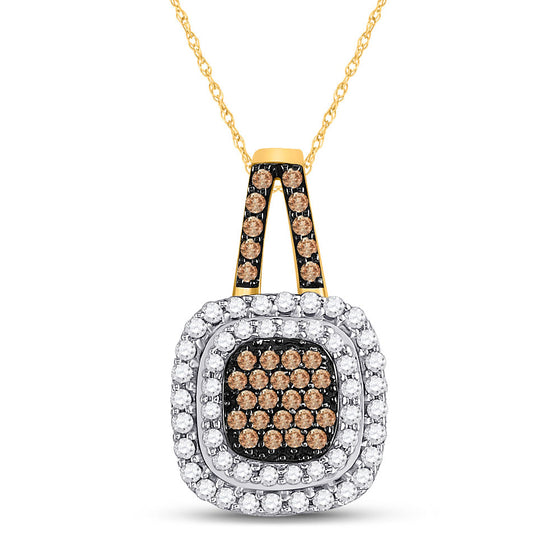 10k Yellow Gold Womens Round Brown Diamond Square Frame Pendant 1/2 Cttw