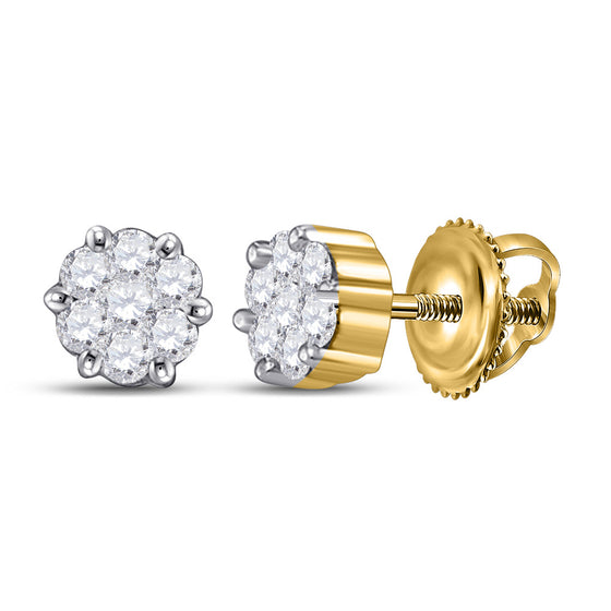 14k Yellow Gold Womens Round Diamond Flower Cluster Earrings 1/3 Cttw