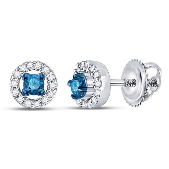10k White Gold Womens Round Blue Color Enhanced Diamond Halo Earrings 1/5 Cttw