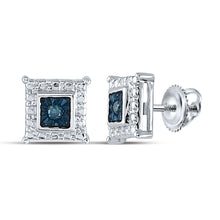  Sterling Silver Womens Round Blue Color Enhanced Diamond Square Earrings 1/20 Cttw