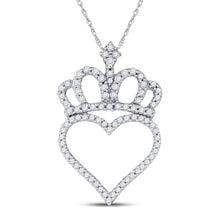 10k White Gold Womens Round Diamond Crown Heart Pendant 1/3 Cttw
