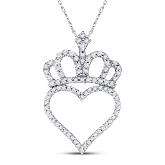 10k White Gold Womens Round Diamond Crown Heart Pendant 1/3 Cttw