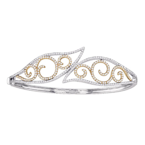 10k Two-tone Gold Womens Round Diamond Curl Bangle Bracelet 1-5/8 Cttw