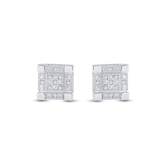 Sterling Silver Round Diamond 3D Cube Square Earrings 1/20 Cttw