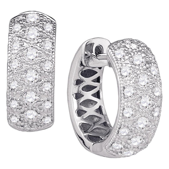 14k White Gold Womens Round Diamond Hoop Huggie Earrings 7/8 Cttw
