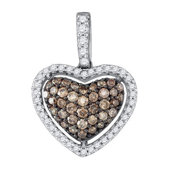 10k White Gold Womens Round Brown Diamond Heart Pendant 1/2 Cttw