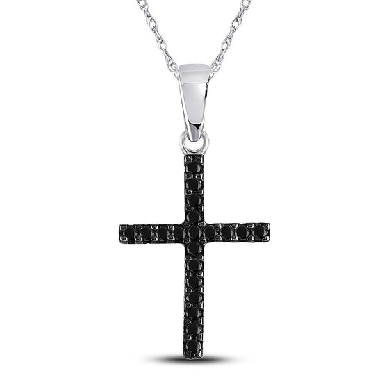 10k White Gold Womens Round Black Color Enhanced Diamond Cross Religious Pendant 1/5 Cttw