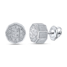  Sterling Silver Round Diamond Octagon Cluster Earrings 1/10 Cttw
