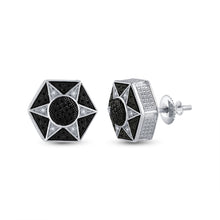  Sterling Silver Round Black Color Enhanced Diamond Hexagon Star Cluster Earrings 1/5 Cttw