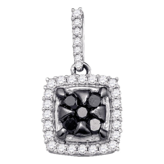 10k White Gold Womens Round Black Color Enhanced Diamond Square Cluster Pendant 1/2 Cttw