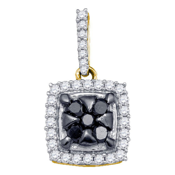 10k Yellow Gold Womens Round Black Color Enhanced Diamond Square Cluster Pendant 1/2 Cttw