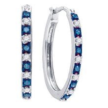  Sterling Silver Womens Round Blue Color Enhanced Diamond Hoop Earrings 1/4 Cttw