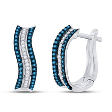  10k White Gold Womens Round Blue Color Enhanced Diamond Striped Hoop Earrings 1/4 Cttw
