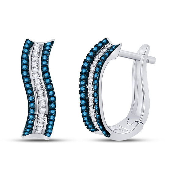 10k White Gold Womens Round Blue Color Enhanced Diamond Striped Hoop Earrings 1/4 Cttw