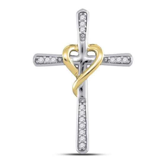 10k Two-tone Gold Womens Round Diamond Cross Pendant 1/20 Cttw