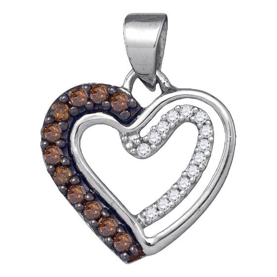 10k White Gold Womens Round Brown Diamond Heart Pendant 1/5 Cttw