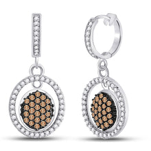  10k White Gold Womens Round Brown Diamond Oval Frame Dangle Earrings 3/4 Cttw