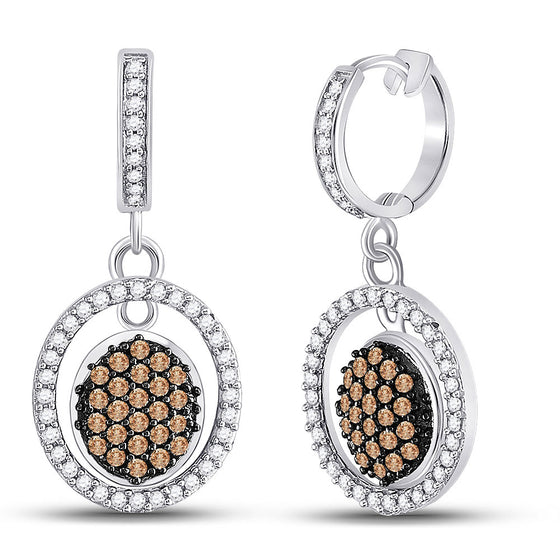 10k White Gold Womens Round Brown Diamond Oval Frame Dangle Earrings 3/4 Cttw
