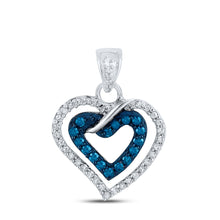  10k White Gold Womens Round Blue Color Enhanced Diamond Heart Pendant 1/4 Cttw
