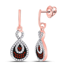  10k Rose Gold Womens Round Red Color Enhanced Diamond Teardrop Dangle Earrings 3/8 Cttw
