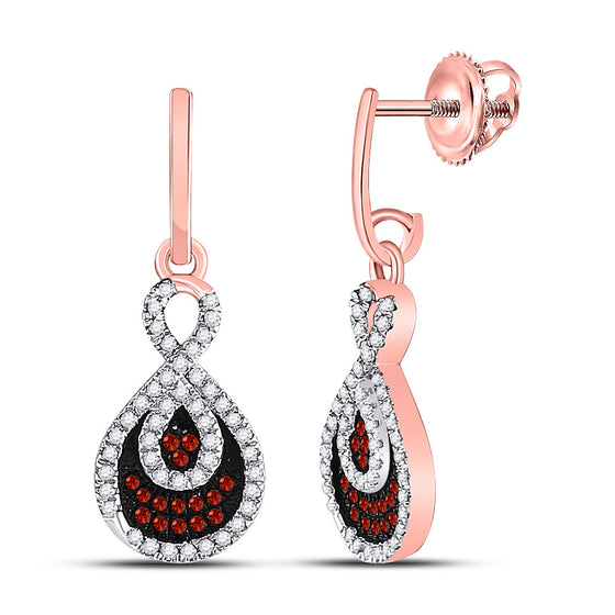 10k Rose Gold Womens Round Red Color Enhanced Diamond Teardrop Dangle Earrings 3/8 Cttw