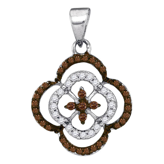 10k White Gold Womens Round Brown Diamond Quatrefoil Cluster Pendant 1/4 Cttw