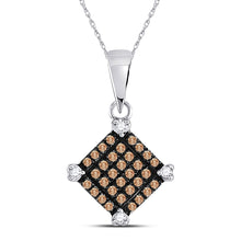  10k White Gold Womens Round Brown Diamond Square Pendant 1/6 Cttw