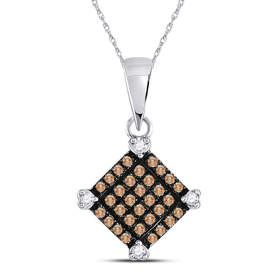 10k White Gold Womens Round Brown Diamond Square Pendant 1/6 Cttw