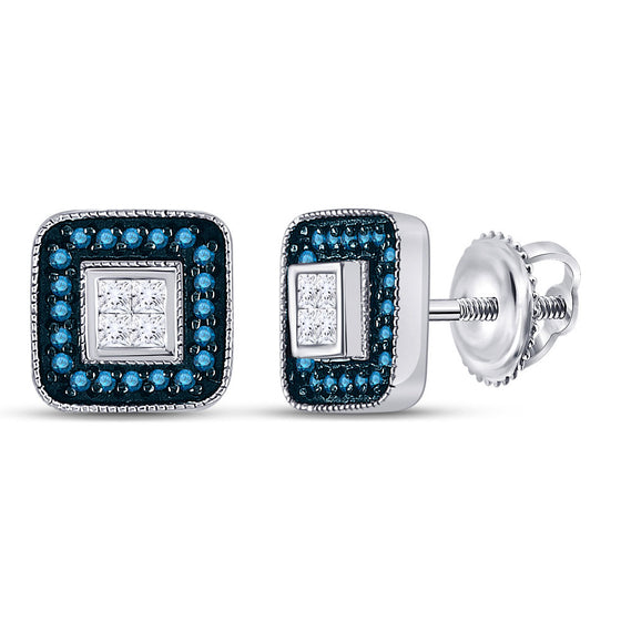 10k White Gold Womens Round Blue Color Enhanced Diamond Square Cluster Earrings 1/3 Cttw